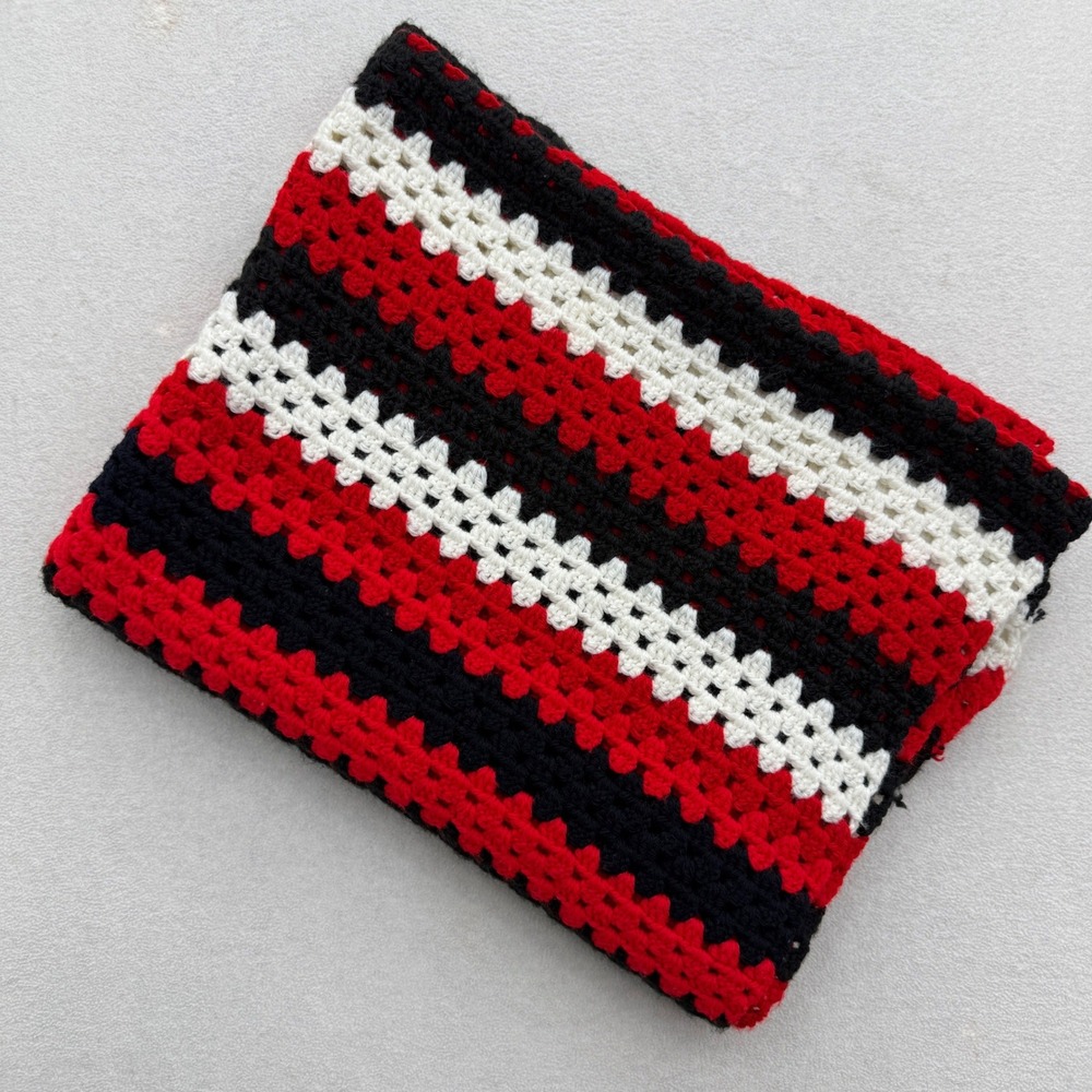 Handmade Crochet Throw Afghan Blanket Red Black White Striped Granny Stitch Boho